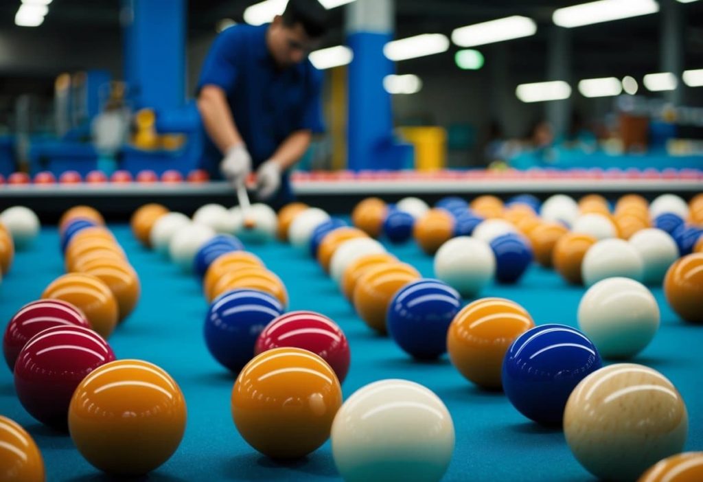 A factory floor with workers molding and shaping billiard balls from sustainable and non-toxic materials