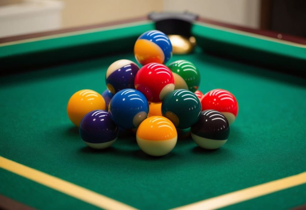 A stack of colorful billiard balls made of resin, arranged in a triangular shape on a green felt-covered table