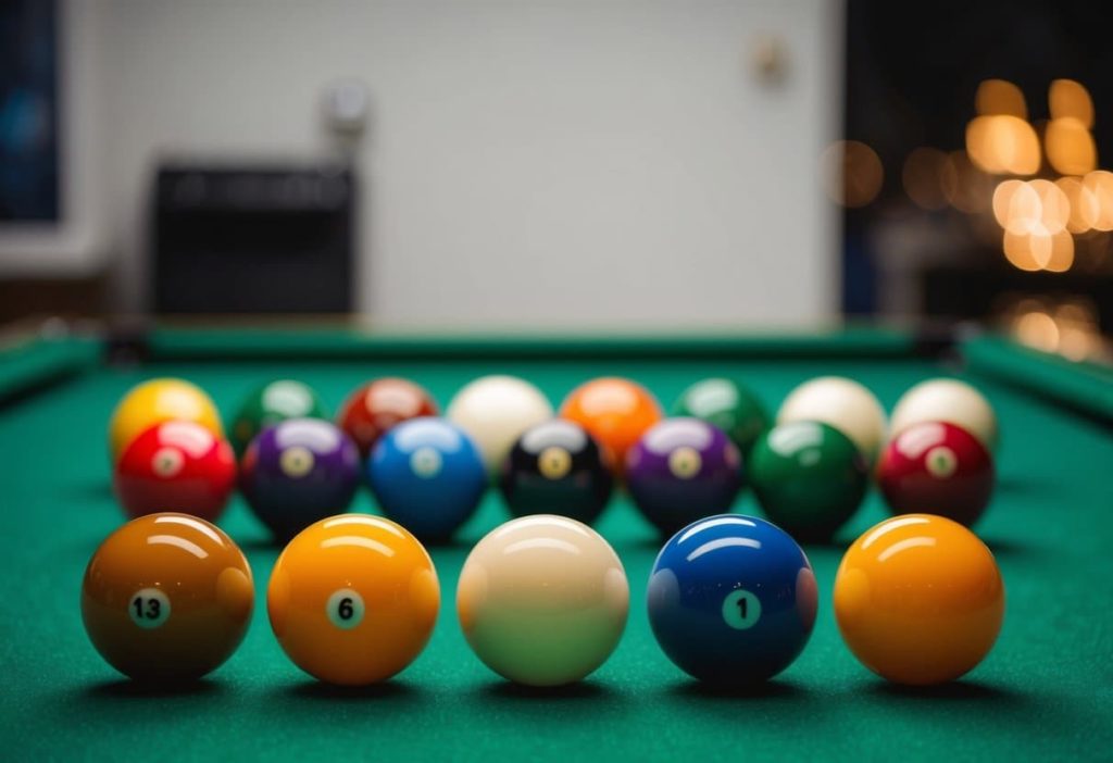 A line of colourful billiard balls made of resin on a green felt-covered table