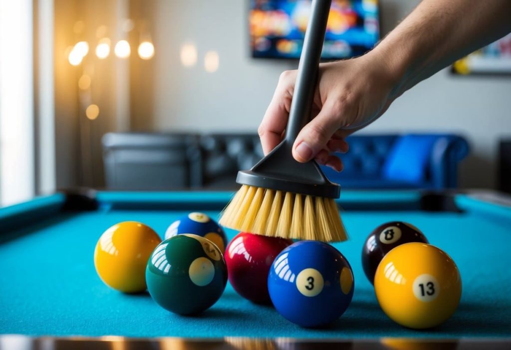 A hand reaching for a pool ball with a cleaning brush and a bottle of cleaner nearby