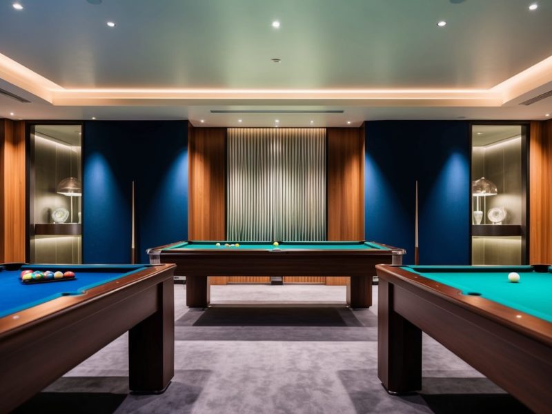 four pool tables in a big gamesroom