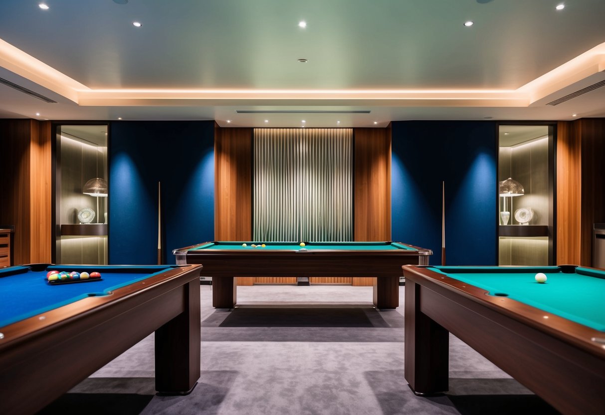 four pool tables in a big gamesroom