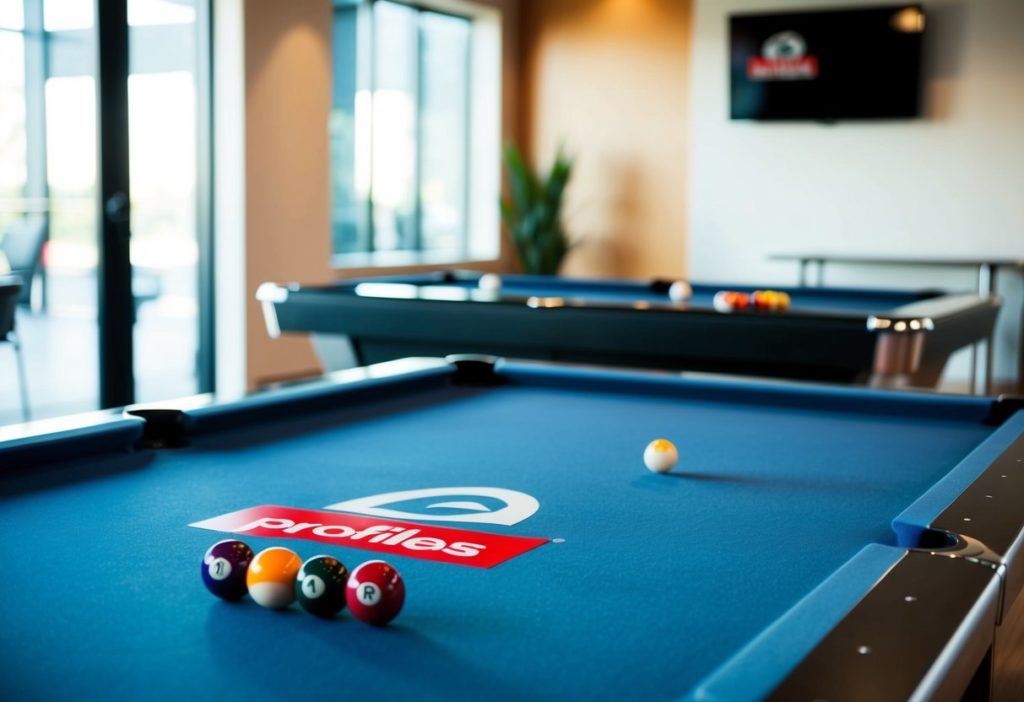 A sleek slate top pool table with the Brand Profiles logo prominently displayed