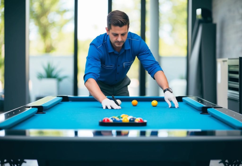 A pool table technician checking consistency of the playing area