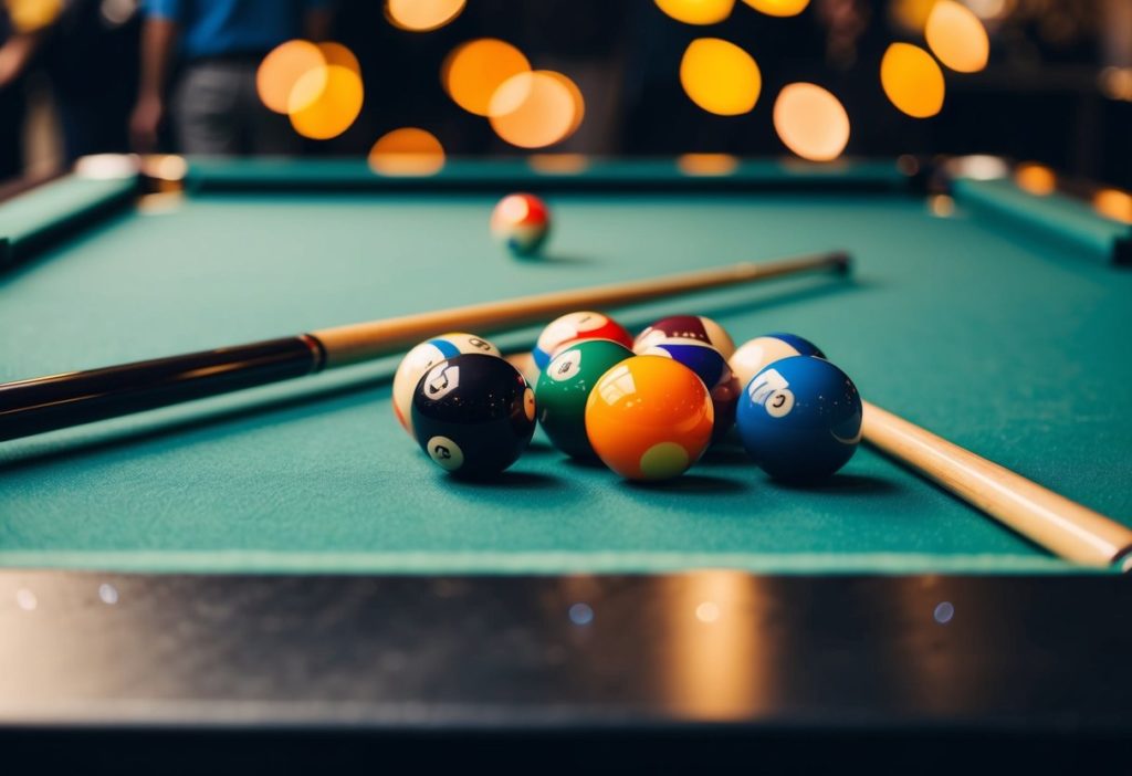 A slate pool table with colourful balls and a cue stick