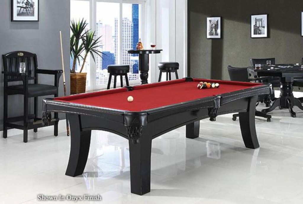 Ella Billiards table in a living room with black white and grey decor