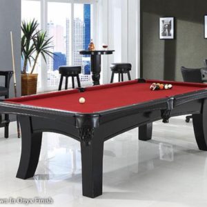 Ella Billiards table in a living room with black white and grey decor