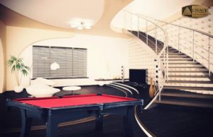 Ella billiards table in a room themed with white decor
