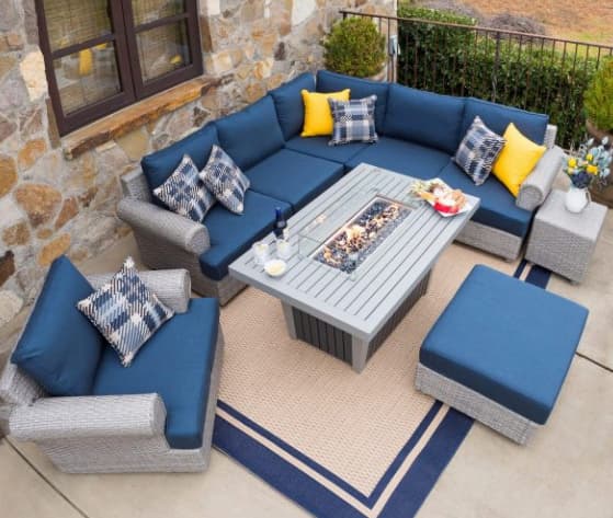 Corner seating with a sectional couch and fire pit table