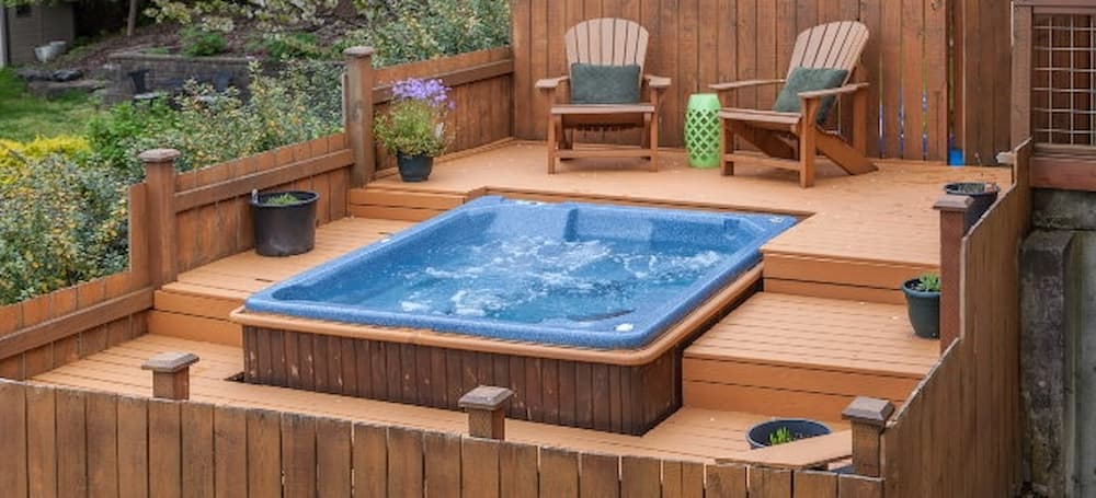 Multi level deck with hot tub embedded in the levels