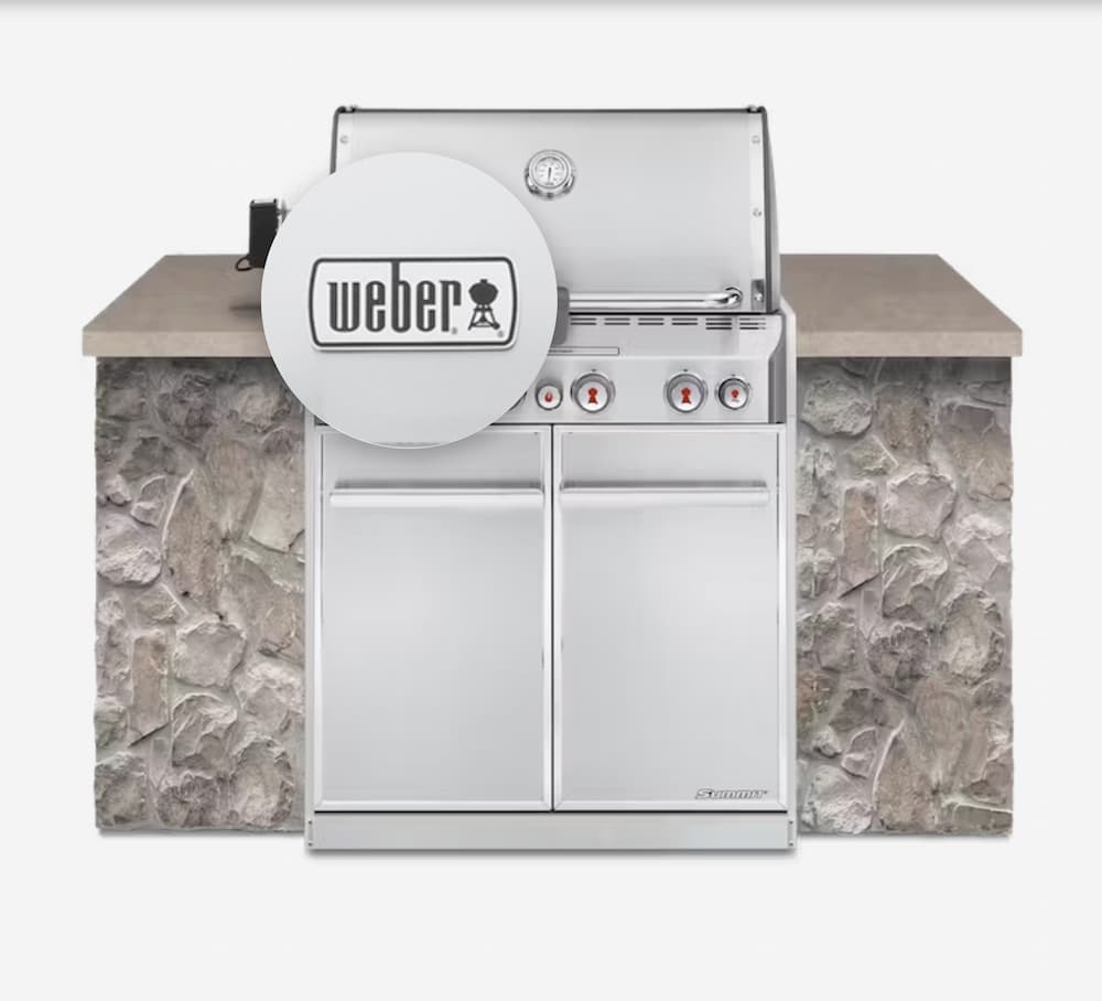 weber built in bbq with close up of brand name