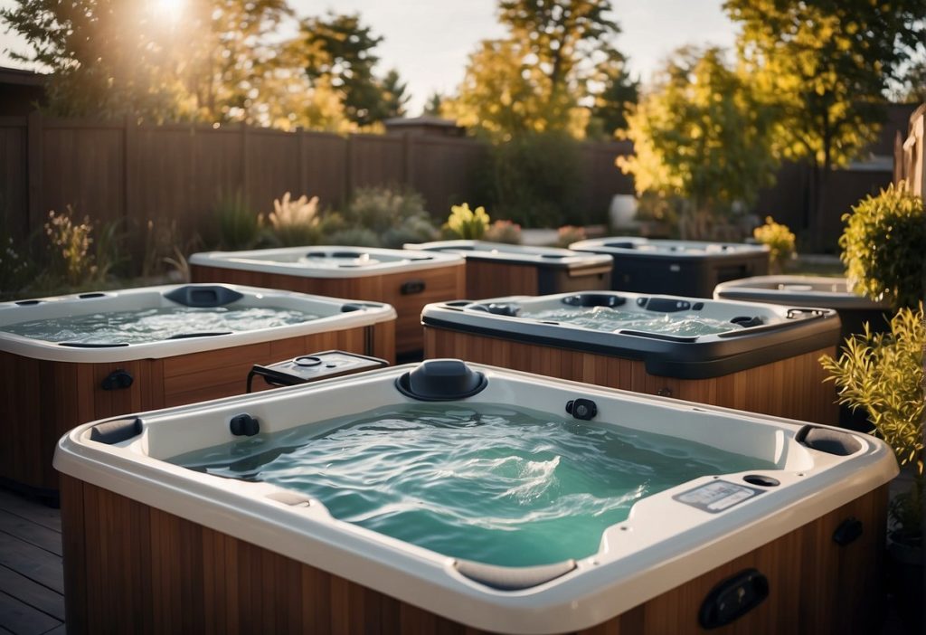 A group of hot tubs lined up for evaluation, with various brand names and logos displayed prominently