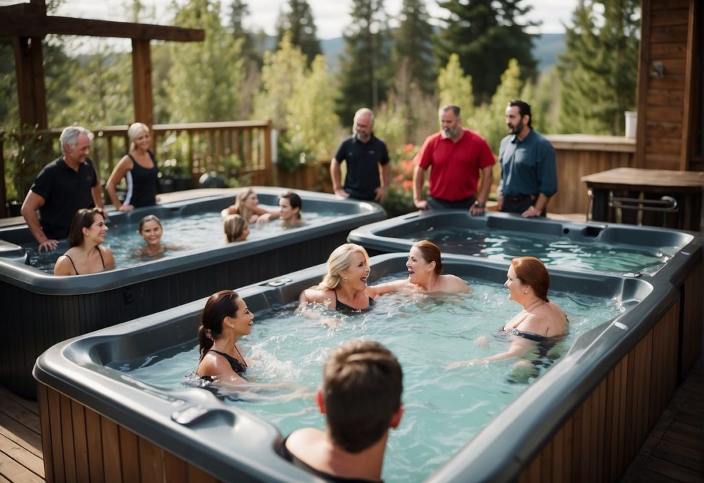A group of unhappy customers surround a collection of hot tubs, pointing and shaking their heads in disapproval. Negative reviews and comments are visible on signs and screens nearby