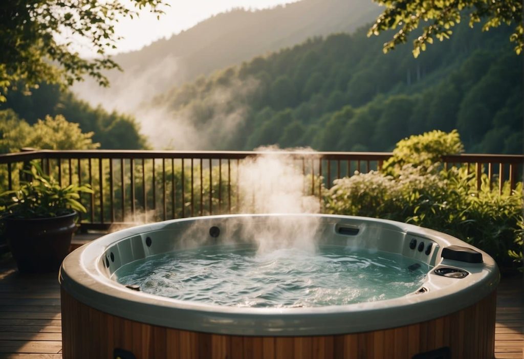 A hot tub surrounded by lush greenery, with steam rising from the water. A sign nearby reads "Frequently Asked Questions hot tub tips."