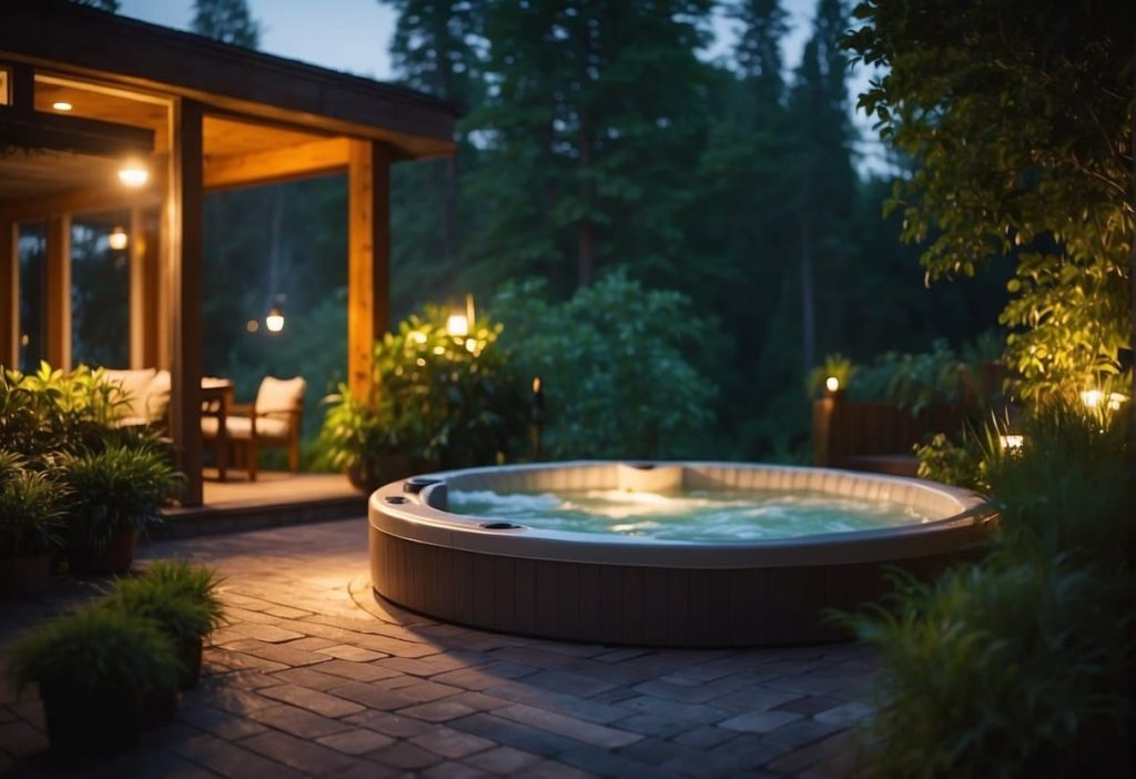 A bubbling hot tub surrounded by lush greenery and softly lit by warm, ambient lighting