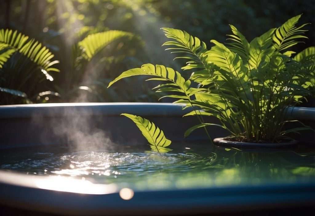 A hot tub surrounded by lush greenery, with steam rising from the water. Sunlight filters through the leaves, casting dappled shadows on the surface. A small table nearby holds a refreshing drink