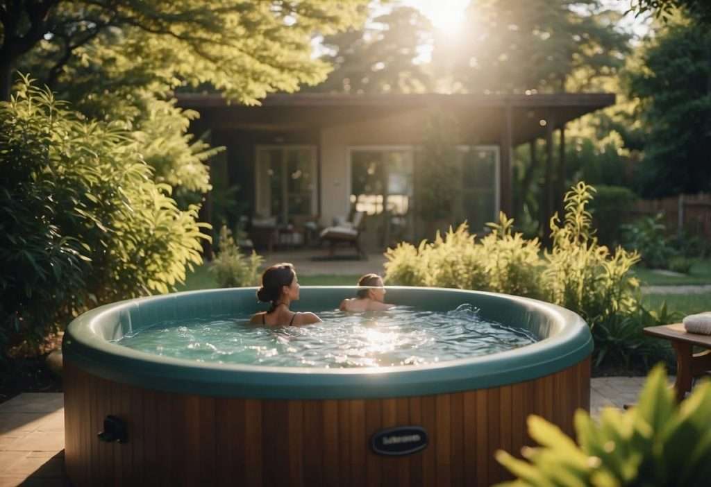 A hot tub sits in a lush backyard, surrounded by greenery. A person is using it for relaxation, while another is exercising in the water