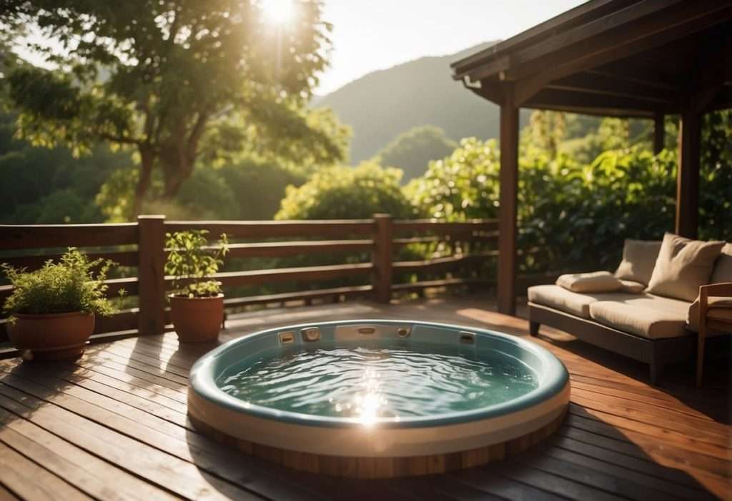 A hot tub surrounded by lush greenery, with a refreshing drink placed on the side. The sun is shining, and a towel is draped over the edge, inviting relaxation