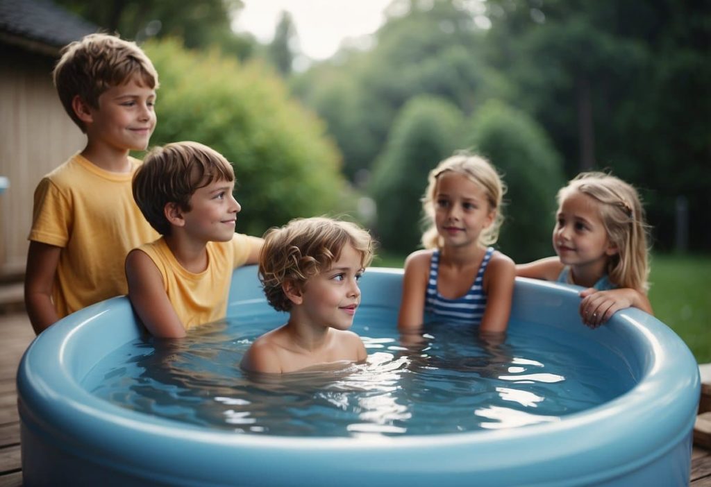 Children inquiring about hot tub use, surrounded by question marks and a bubbling hot tub