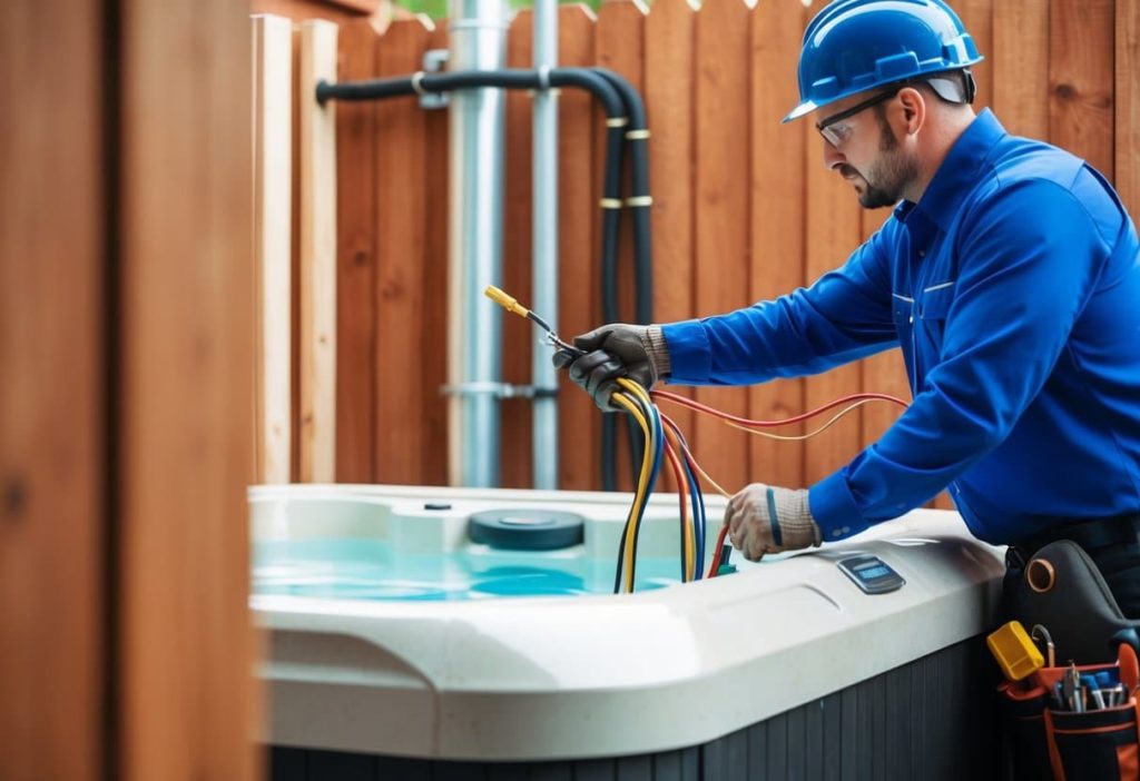 A licensed electrician wiring a hot tub with necessary tools and equipment