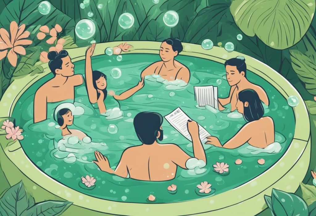 A green hot tub with bubbles, surrounded by confused individuals reading a "Frequently Asked Questions" guide on how to fix the water