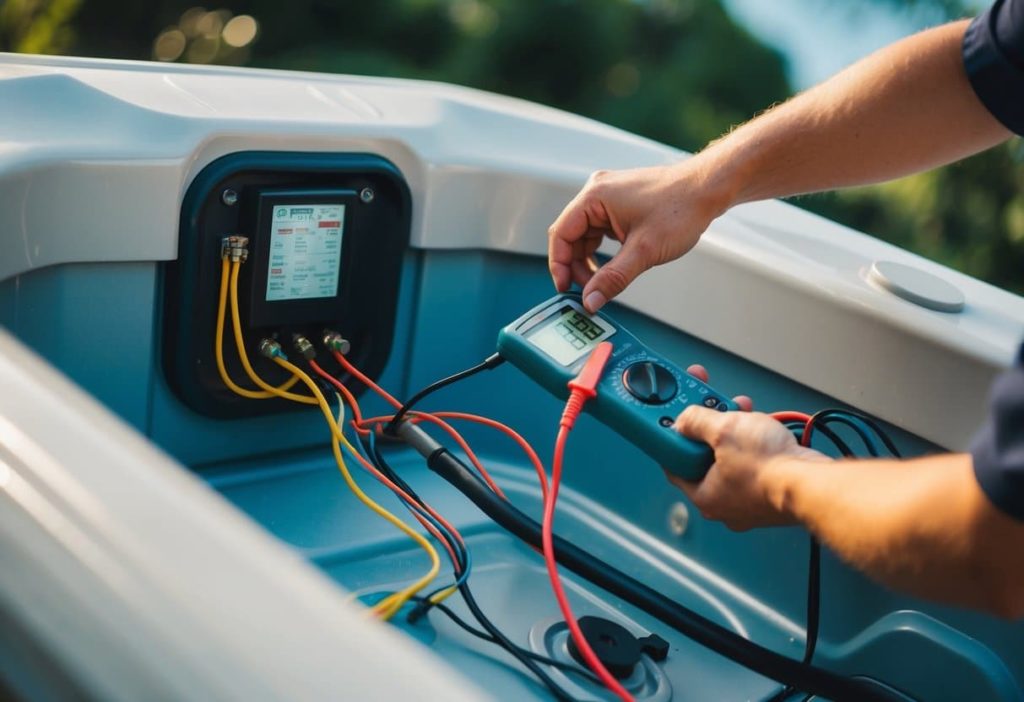 A technician examines the wiring of a hot tub, using a multimeter to troubleshoot and ensure proper maintenance