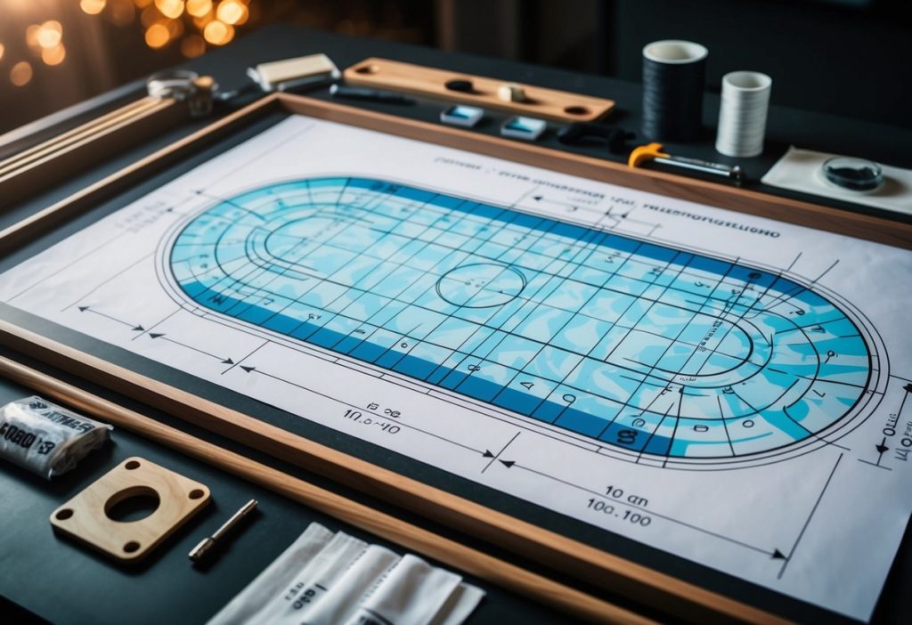 A blueprint of a shuffleboard table with precise measurements and various material options laid out next to construction tools and samples