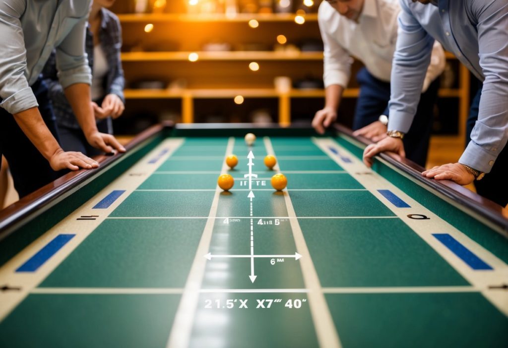 A shuffleboard table with dimensions labeled and surrounded by people measuring and discussing