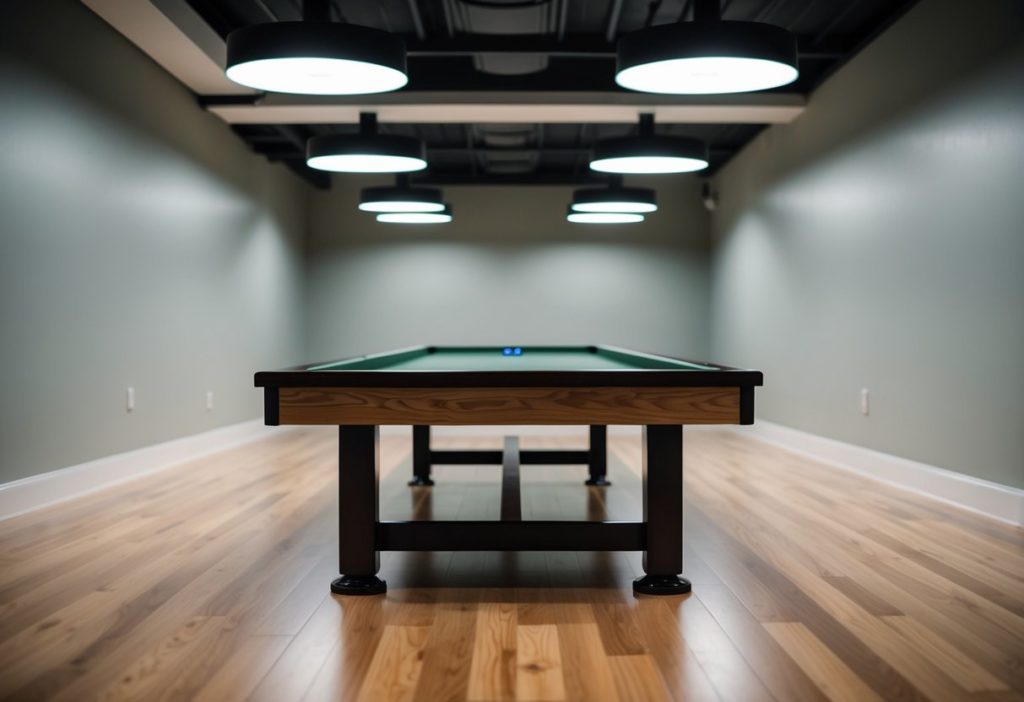 A shuffleboard dimensions of 22 feet long and 20 inches wide, set in a spacious room with smooth wooden flooring and overhead lighting